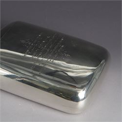 Edwardian silver hip flask, of slightly curved rectangular form, with silver body, hinged cap and removable silver cup, the cup with presentation engraving and gilt interior, hallmarked Hilliard & Thomason, Birmingham 1904, H17cm