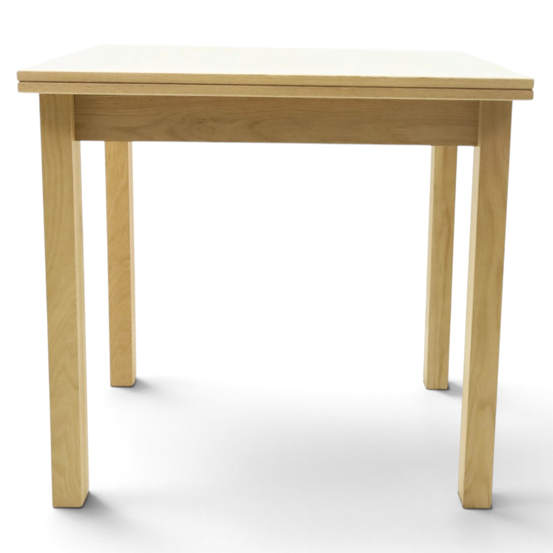 Contemporary light oak extending dining table, the square top with pull-out and fold-over action, raised on square supports