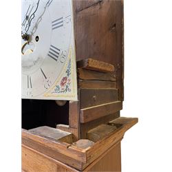 William Gostling of Diss  (Norfolk)-  Late 18th century 8-day oak longcase clock c1780-90, break arch top with scalloped cresting and three brass finials, glazed break arch hood door flanked by turned pilasters with brass capitals, trunk with a long trunk door and rounded top on a square plinth with an applied and shaped skirting, early painted Wilson of Birmingham dial with Roman numerals and five minute Arabic's, matching steel hands and second pointer, arched square ended calendar aperture with date disc behind, floral spandrels within gesso borders and a painted rocking automaton representing Mercury to the break arch, dial pinned via a false plate to a weight driven rack striking movement with a recoil anchor escapement, striking the hours on a cast bell. With pendulum weights and key. 
William Gostling (II) is recorded as working in Diss from 1774 to 1797, succeeded by widow Anne and son George . The dial of this clock is illustrated and discussed in detail in M.F. Tennants book 