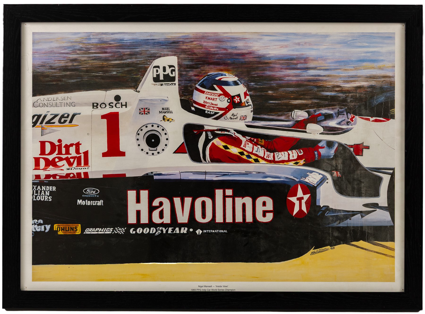 Three Formula 1 racing prints, including Nigel Mansell example signed by Nik Curry, Nigel Mansell 'Inside View' by Karen Johnson, and a Ray Goldsborough example, all framed, largest H38cm, W55cm