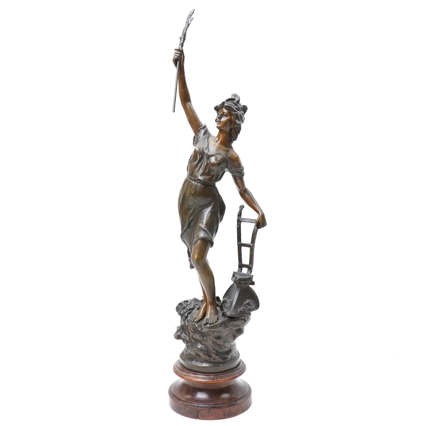 Pair of 19th century spelter male and female figures representing agriculture and fiscing on wooden bases H68cm