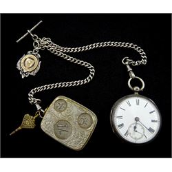 Victorian silver open face fusee lever pocket watch by Adam Burdess, Coventry, No. 1795, white enamel dial with Roman numerals and subsidereary seconds dial, case by Arthur James Walker  London 1884, on silver Albert chain, each link hallmarked, with Derbyshire Football Association fob inscribed 'Cup Winners 1904,5 and plated coin case