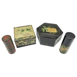 Mauchline ware black lacquered octagonal bobbin box, the hinged cover with forget-me-not floral decoration and sentimental verse, opening to reveal six bobbin holders and retail label for Clark & Co, together with a Mauchline ware sewing box, with floral decoration throughout and verse to hinged cover, a similar black lacquered needle holder and a Mauchline Tartan ware needle holder, largest diameter D11.5cm