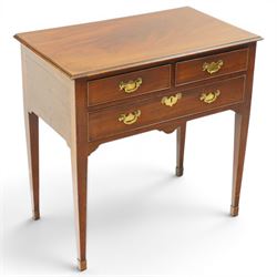 19th century mahogany lowboy, rectangular top with moulded edge over three cockbeaded draw...