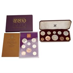 Queen Elizabeth II 1953 proof ten coin set, crown to farthing, in original case, and 1970 ...