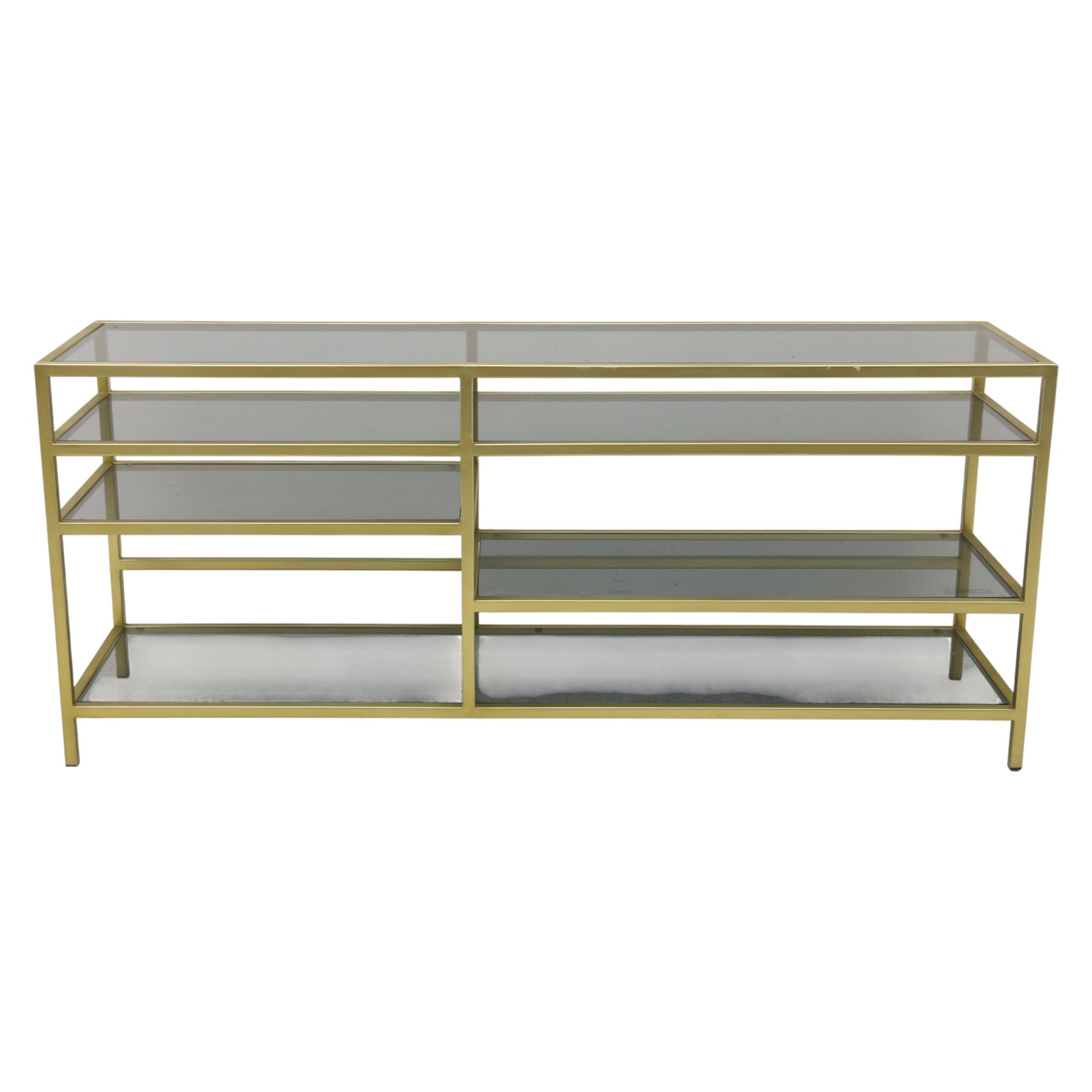 Modern glass and gilt metal media stand, rectangular smoked glass top panel set within a gilt finished metal surround, raised on square section legs, the underside fitted with a full-width glass shelf