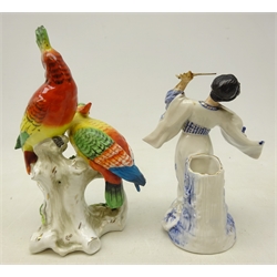  19th/ early 20th century Samson group of two Parrots in the Chelsea style with anchor mark, H18cm and a Ernst Bohne porcelain figure of a Japanese, impressed mark (2)  