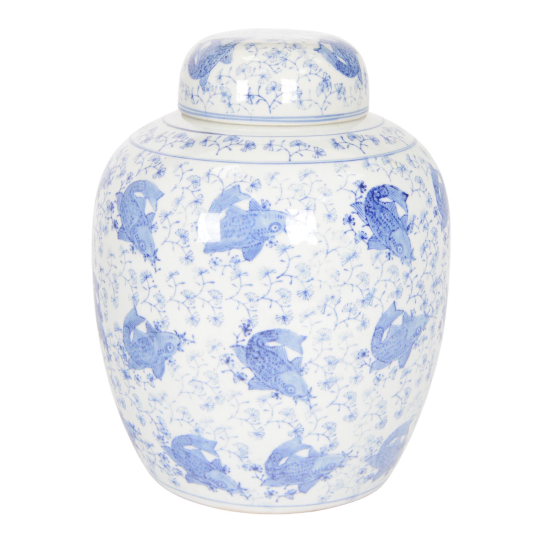 Blue and white ginger jar, decorated in a repetitive pattern of fish swimming amongst dense clusters of aquatic foliage, H40cm