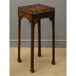  19th century mahogany urn stand, fret work gallery top, single slide, chamfered square supports with spade feed, small barrel castors, W30cm, H70cm, D30cm  