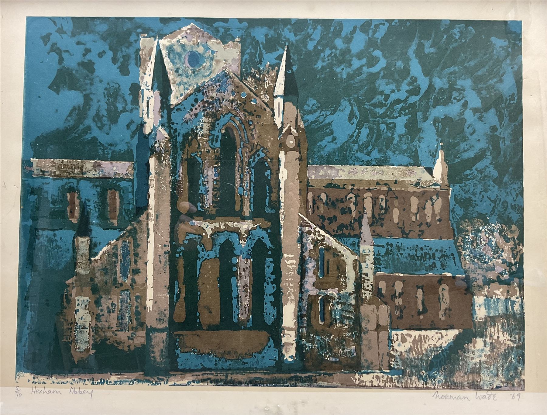 Norman Wade (British 20th century): 'Hexham Abbey', screen print signed titled numbered 5/70 and dated '69 in pencil 44cm x 60cm