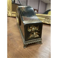 20th century black lacquered mantle clock with chinoiserie decoration, with a formerly silvered dial with Roman numerals, minute track and steel spade hands, eight-day timepiece French spring driven movement with a platform cylinder balance escapement, wound and set from the rear.