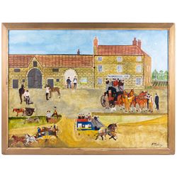 English Naive School (20th Century): The Coachman Inn - Snainton, oil on board indistinctly signed 70cm x 95cm 