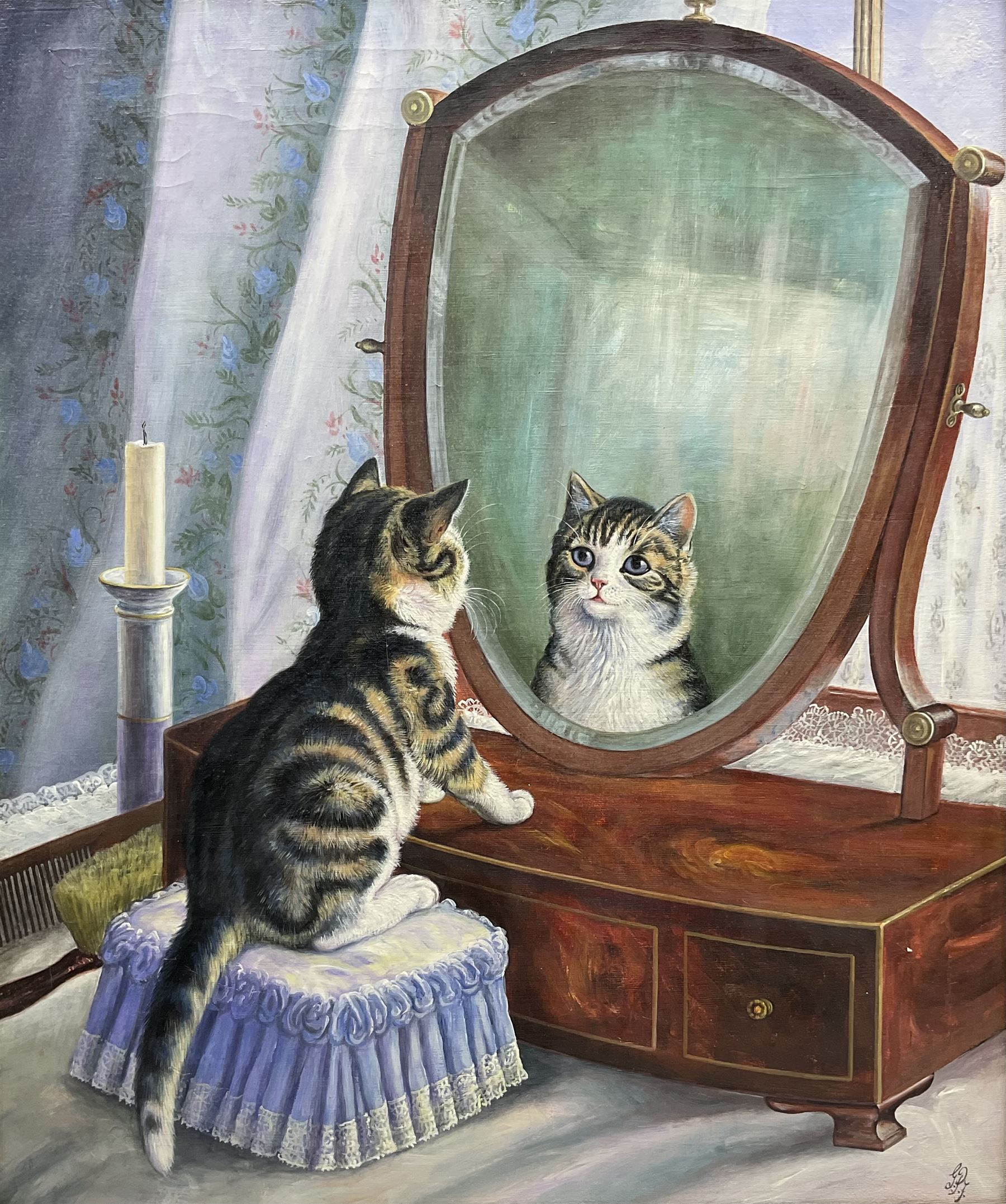 Graham Flight (20th century): Cat at the Dressing Mirror, oil on canvas signed with initials 60cm x 50cm