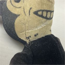Deans Rag Book Mickey Mouse soft toy, circa 1930's, black velveteen head and body, with cream face and hands, red shorts and yellow felt shoes with leather soles, marked Reg. No. 750811 to neck H20cm; mid-20th century woodwool filled plush covered teddy bear with revolving head, applied eyes, vertically stitched nose and mouth and jointed limbs H52cm; soft toy figure of Rupert Bear; and Japanese clockwork tin-plate and plush covered mechanical toy of a gnome riding a donkey (4)