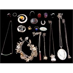 Silver and stone set silver jewellery including Blue John ring, apple pendant necklace, charm bracelet including chick in egg and duck in boots, purse pendant necklace, brooches and rings and a gilt bloodstone teapot charm