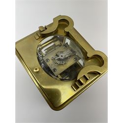 Early to mid 20th century French brass and bevelled glass cased carriage clock, the shaped loop handle over oval glass panel, white enamel Roman dial, twin train driven eight day movement striking on coil, with button push repeater, the movement back plate stamped for 'R & Co.'