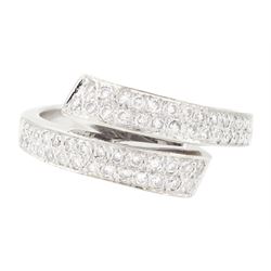 18t white gold diamond crossover ring, two rows of pave set round brilliant cut diamonds, ...