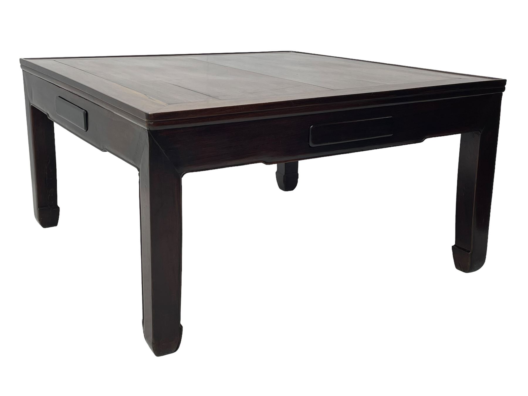 Fine 19th century Chinese Qing dynasty hmong wood mahjong or coffee table, Ming design, square top with raised moulded lip, each side fitted with small drawer, on square supports with hoof feet