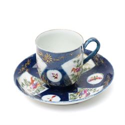 18th century Worcester porcelain powder blue coffee cup and saucer, painted with exotic bi...