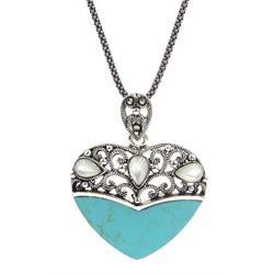 Silver turquoise, mother of pearl and marcasite openwork heart pendant necklace, stamped 925 