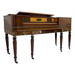 James Rigg, London -early 19th century mahogany and maple square piano c1817, with a 68 key compass (A-C) original hammers, jacks and felt, satinwood interior with ebony and ivory keys, the fretwork interior back inscribed 'James Rigg, 3 Providence Row, Finsbury Square, London', decorated with twist gilt metal edging, fitted with three drawers, on Gillows design turned and reeded supports with brass cups and castors.

This item has been registered for sale under Section 10 of the APHA Ivory Act