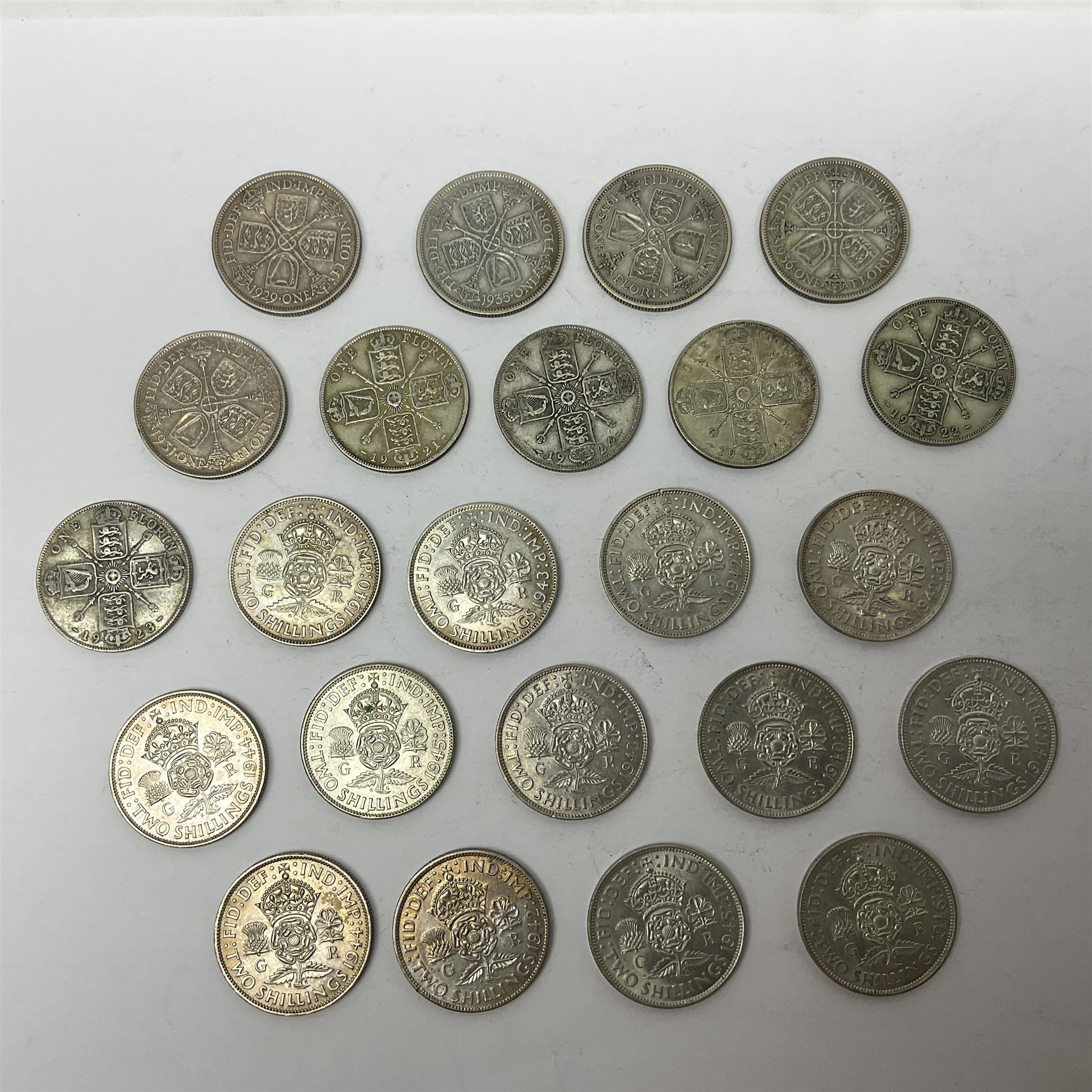 Approximately 260 grams of Great British pre 1947 silver two shillings coins 