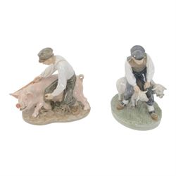 Five Royal Copenhagen porcelain figures of farm animals, comprising Boy with Pig no 848, Boy with Calf no.772, Boy with Sheep no 627, Boy with Calf's no.1858, Girl with Goats no 694