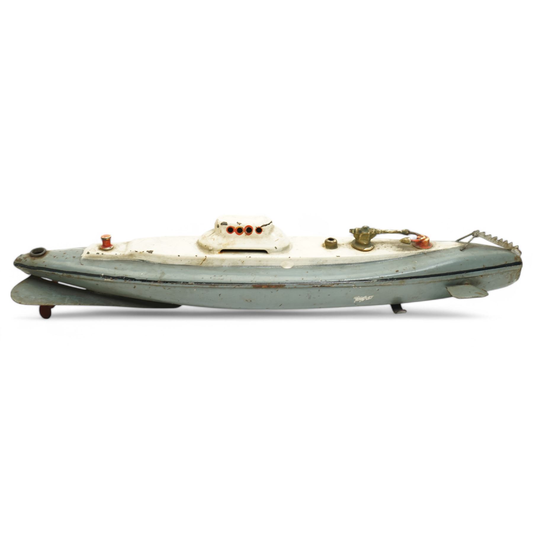 1930s Japanese tinplate submarine by Kuramochi in grey and white L30cm
