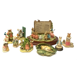 A collection of Beatrix Potter related Border Fine Arts figures, comprising limited edition Beatrix Potter Tableau 669814, 596/2000, Flopsy, Mopsy & Cotton Tail A0623, Jemima Puddleduck meets the Foxy-Whiskered Gnetleman A0622, Tailoor of Gloucester BP3, Timmie Willie Sleeping in a Pea pod BP22, Hunca Munca Sweeping 739510, Peter Rabbit Standing CBP14, Mrs Tiggywinkle BPM20, and Peter Rabbit BPM9.