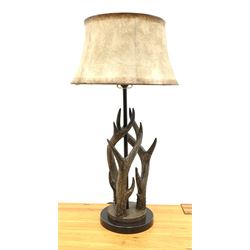 A faux antler table lamp, with faux hide shade, overall H81cm.
