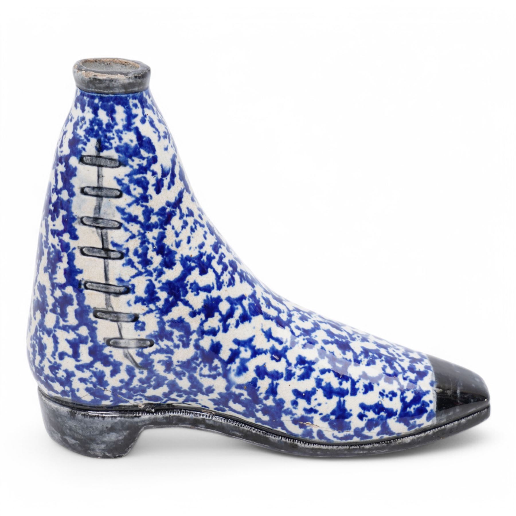 19th century Scottish pearlware flask in the form of a boot with sponged blue decoration 16cm x 19cm