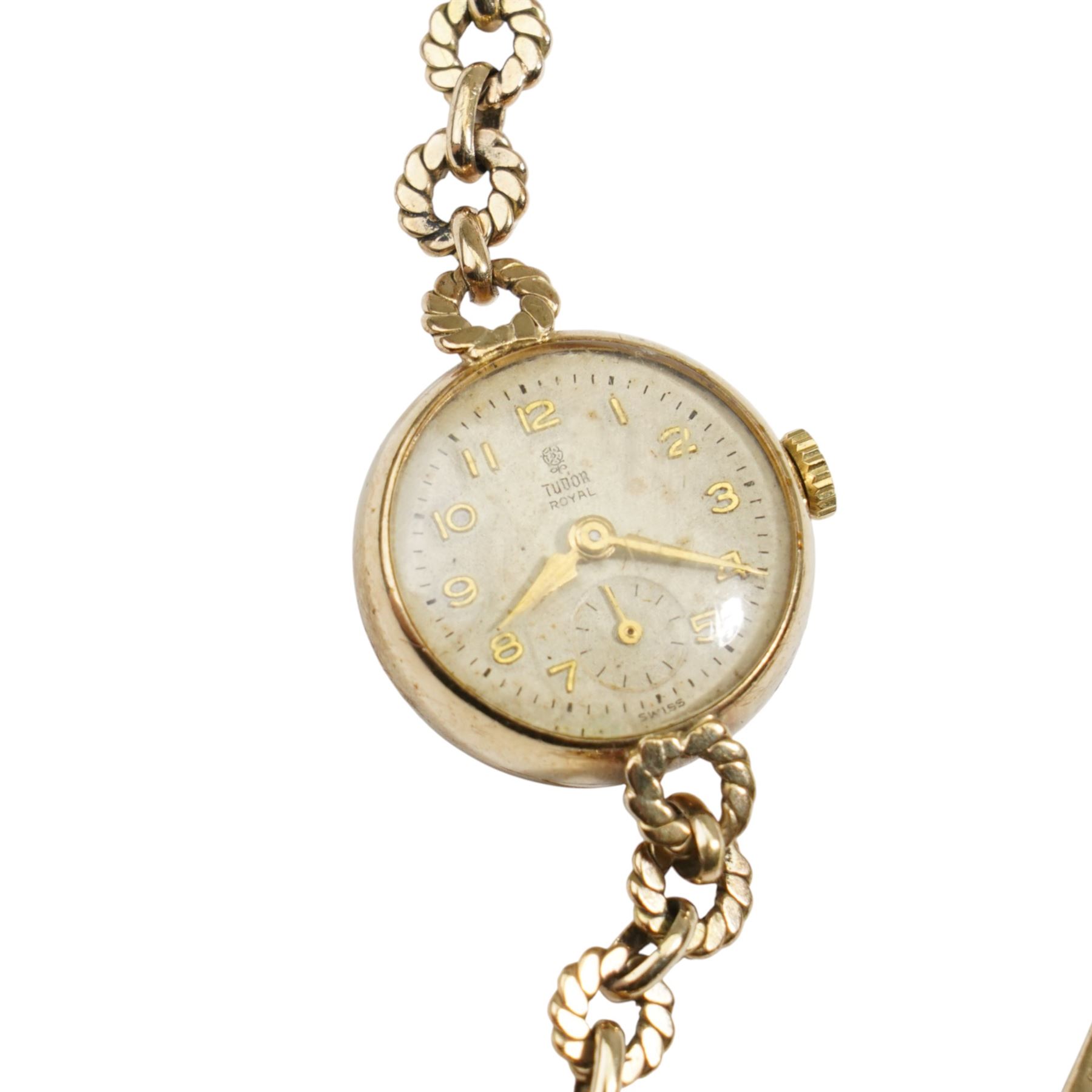 Tudor Royal ladies manual wind wristwatch, on 9ct gold Rolex bracelet, Birmingham 1955