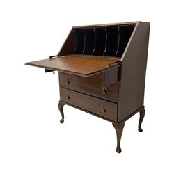 Early 20th century walnut bureau, fall front enclosing fitted interior, fitted with three long drawers, on cabriole supports