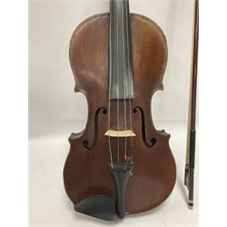 Full size violin and bow in a wooden constructed fitted case, back length 35cm, full length 60cm