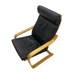 IKEA Poang cantilever armchair, black leather upholstery