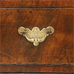 Small 19th century figured walnut chest of drawers, rectangular top with moulded edge over four graduating drawers with brass batwing handles, raised on bracket feet