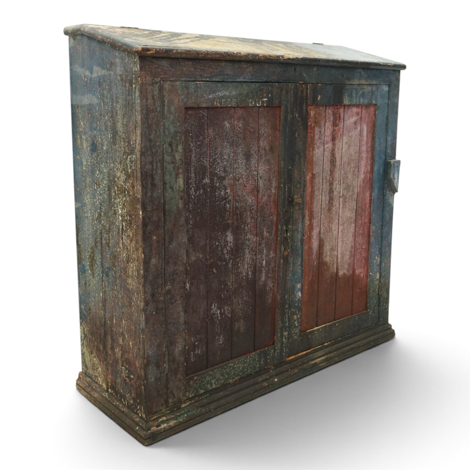 19th century painted and lacquered pine clerks desk bureau on cupboard, hinged fall-front enclosing three compartments, over slatted panelled doors enclosing two perforated shelves, on skirted base, in rustic forest green and red finish