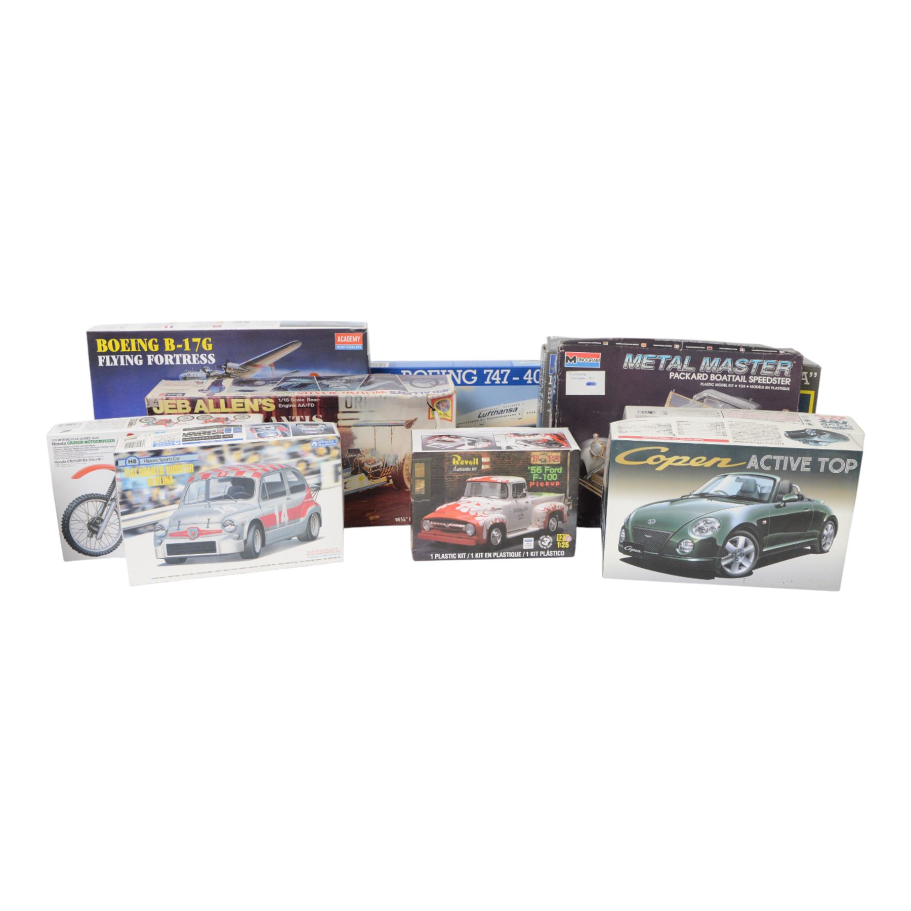 Ten vehicle model kits of varying scales, comprising Academy Boeing B-17G Flying Fortress, Revell Boeing 747-400, Revell Jeb Allen's Praying Mantis, Revell Kenworth T900 Australia, Aoshima Copen Active Top, Revell 56 Ford F-100 Pickup, Tamiya Honda CR250R Motocrosser, Fujimi Suzuki WagonR, Gunze Sangyo Fiat Abarth 1000TCR Berlina and Monogram Metal Master Packard Boattail Speedster, all boxed