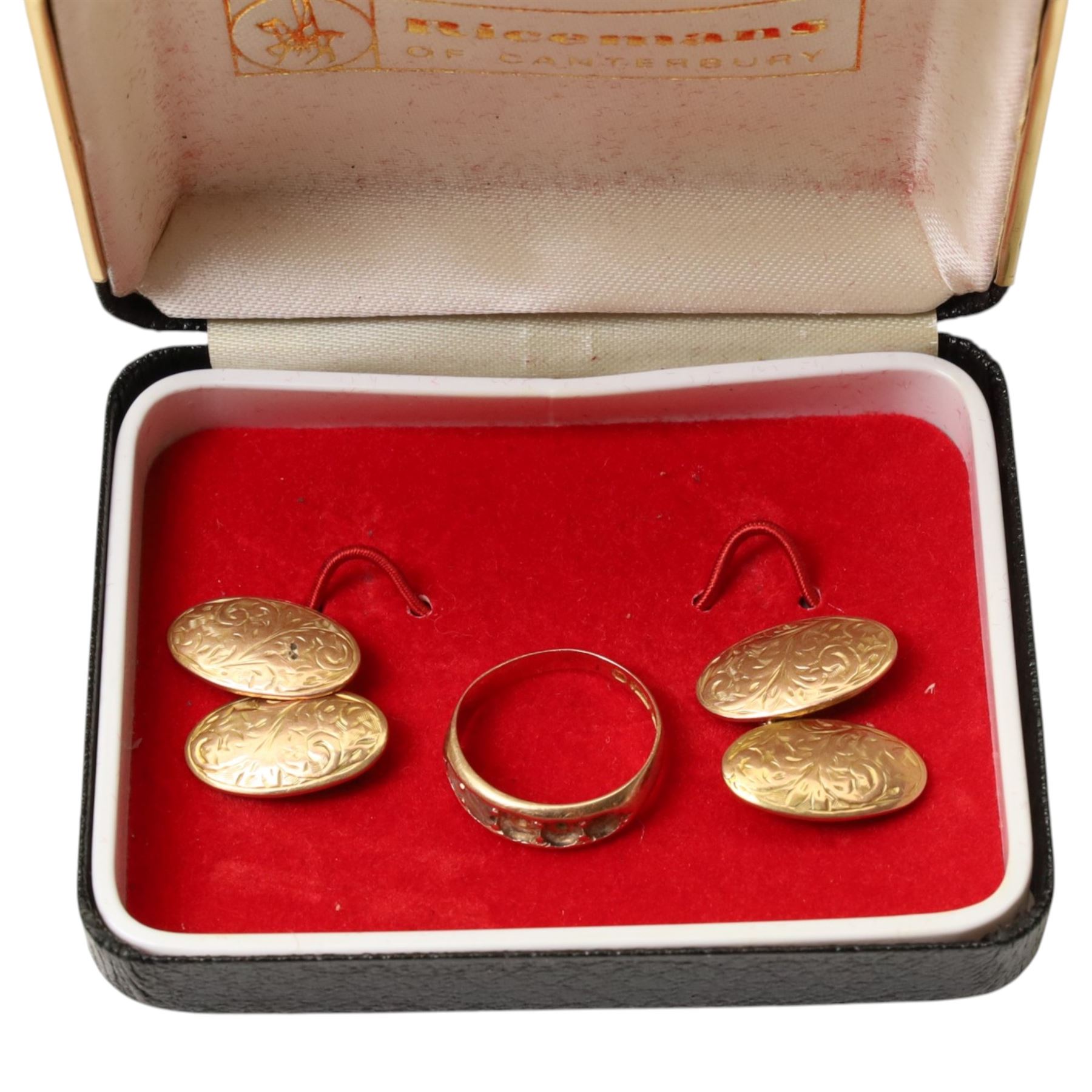 Pair of rose gold cufflinks with engraved decoration and gold wristwatch on leather strap, both 9ct and a 15ct gold ring