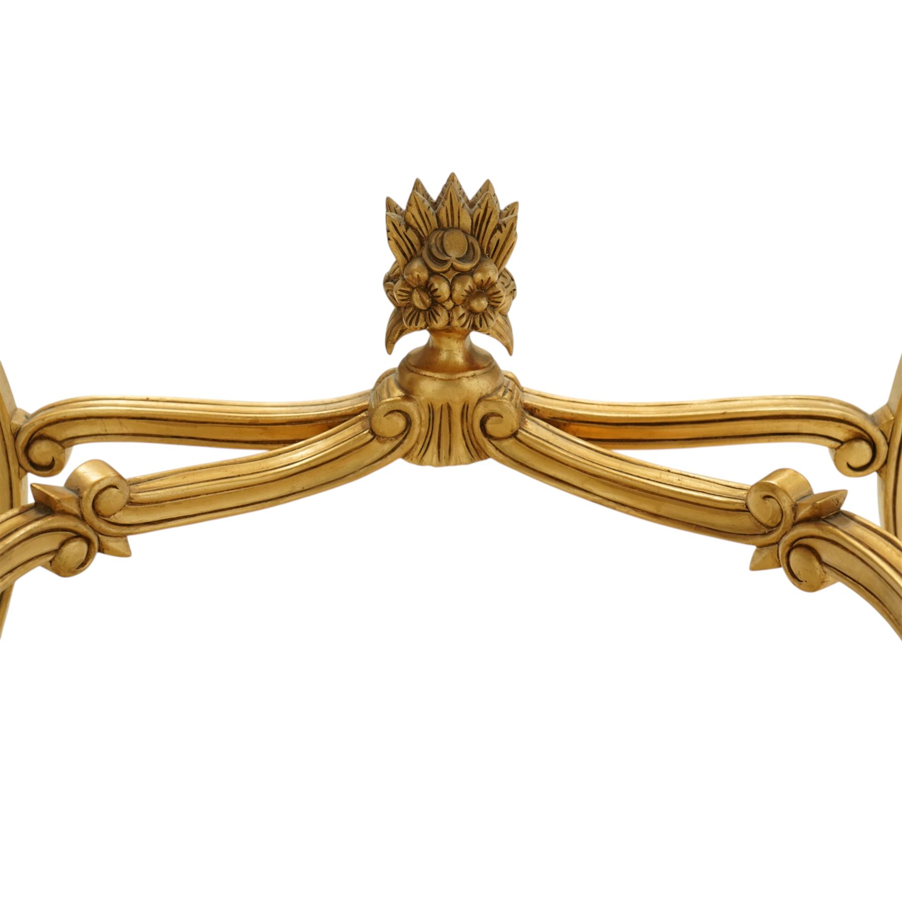 Louis XV style gold painted dressing table, serpentine top with green leather inset and mirrored back with floral garland decoration to frieze and legs, united by curved stretcher with central floral finial 