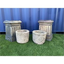Pair of square terracotta chimney pots and two small circular planters - THIS LOT IS TO BE COLLECTED BY APPOINTMENT FROM DUGGLEBY STORAGE, GREAT HILL, EASTFIELD, SCARBOROUGH, YO11 3TX
