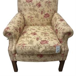 Peter Dudgeon - Georgian design mahogany framed armchair, shaped cresting rail over sprung back and seat flanked by rolled arms, upholstered in floral patterned fabric with matching seat cushion, on square supports joined by stretchers
Provenance: From the Estate of the late Dowager Lady St Oswald
