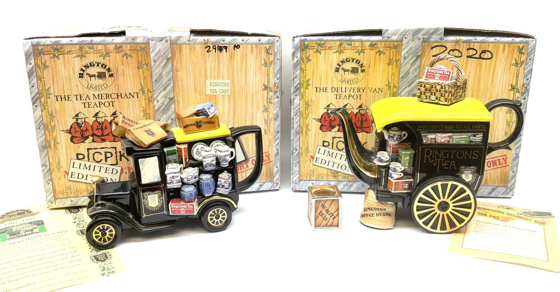 Ringtons novelty teapots, comprising the Ringtons Delivery Van teapot, and the Tea Merchant teapot, both with boxes and certificates of ownership.