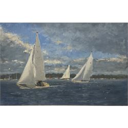 William Burns (British 1923-2010): 'A Fair Wind' Hornsea Mere, oil on board signed, titled verso 39cm x 59cm
Provenance: direct from the artist's family. Born in Sheffield in 1923, William Burns RIBA FSAI FRSA studied at the Sheffield College of Art, before the outbreak of the Second World War during which he helped illustrate the official War Diaries for the North Africa Campaign, and was elected a member of the Armed Forces Art Society. On his return to England, he studied architecture at Sheffield University and later ran his own successful practice, being a member of the Royal Institute of British Architects. However, painting had always been his self-confessed 'first love', and in the 1970s he gave up architecture to become a full-time artist, having his first one-man exhibition in 1979.