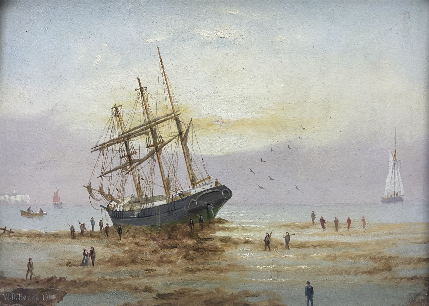 William Daniel Penny (British 1834-1924): Beached Ship near Flamborough Head, oil on board signed and dated 1904, 29cm x 40cm 