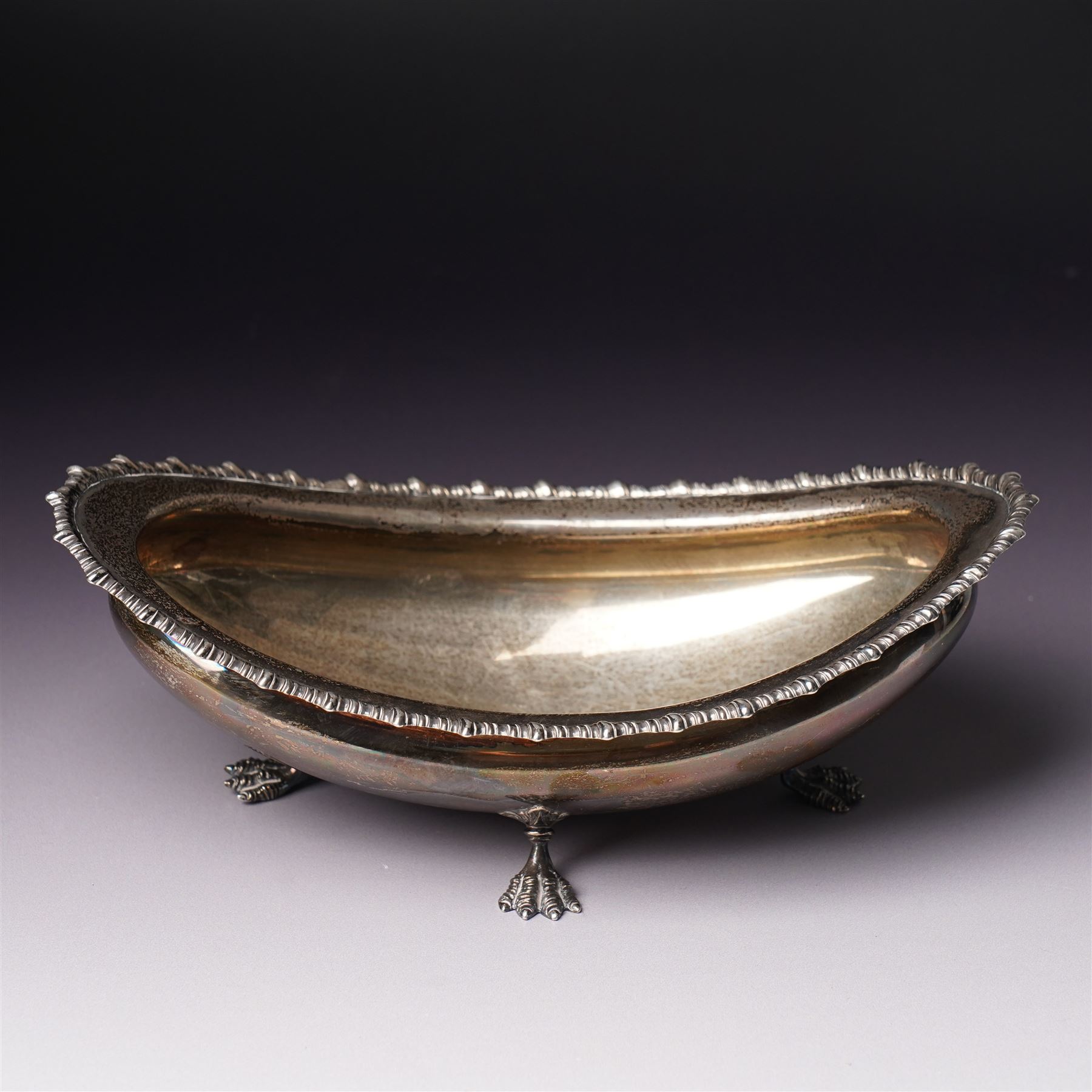 Edwardian silver oval bowl with gadrooned edge and on four paw feet W20cm Sheffield 1901 Maker James Dixon & Sons