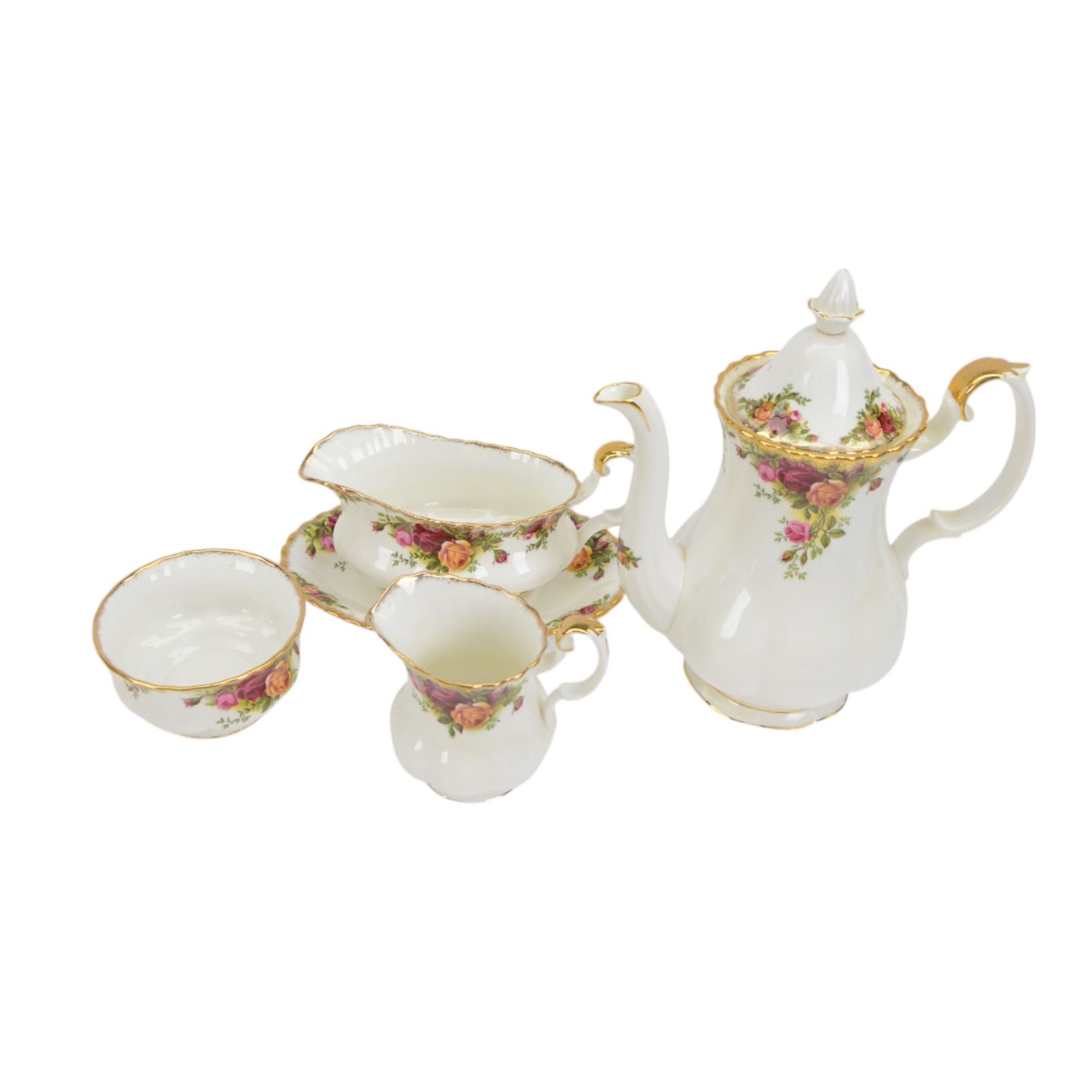 Royal Albert Old Country Roses tea and dinner service, including teapot, coffee pot, milk jug, covered sucrier, six cups and saucers, eight dinner plates, eight soup bowls, sauce boat and saucer etc