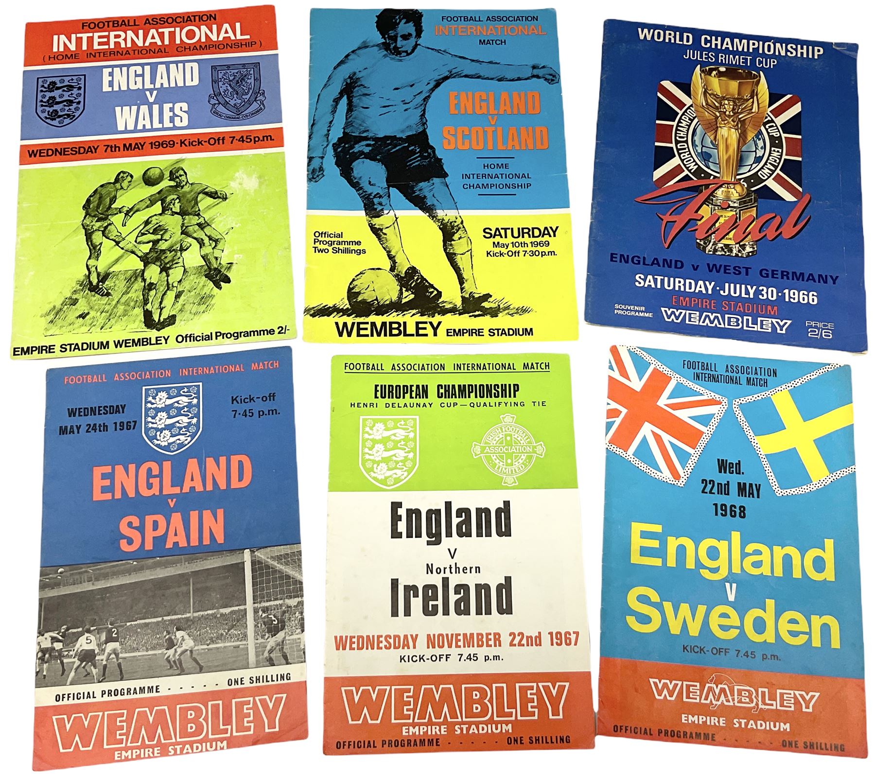 Football - 1966 World Cup Final programme; and five other 1960s programmes for England Internationals against Scotland (1967), Wales (1969), N. Ireland (1967), Spain (1967) and Sweden (1968) 