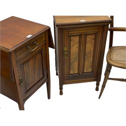 Late Victorian walnut bedside cupboard (W45cm, H77cm, D40cm), late Victorian side cabinet with moulded drop leaf top (W42cm, H76cm, D39cm), pair beech chairs with cane seats, two tier stand with drawer and a late 19th century style chair (6)