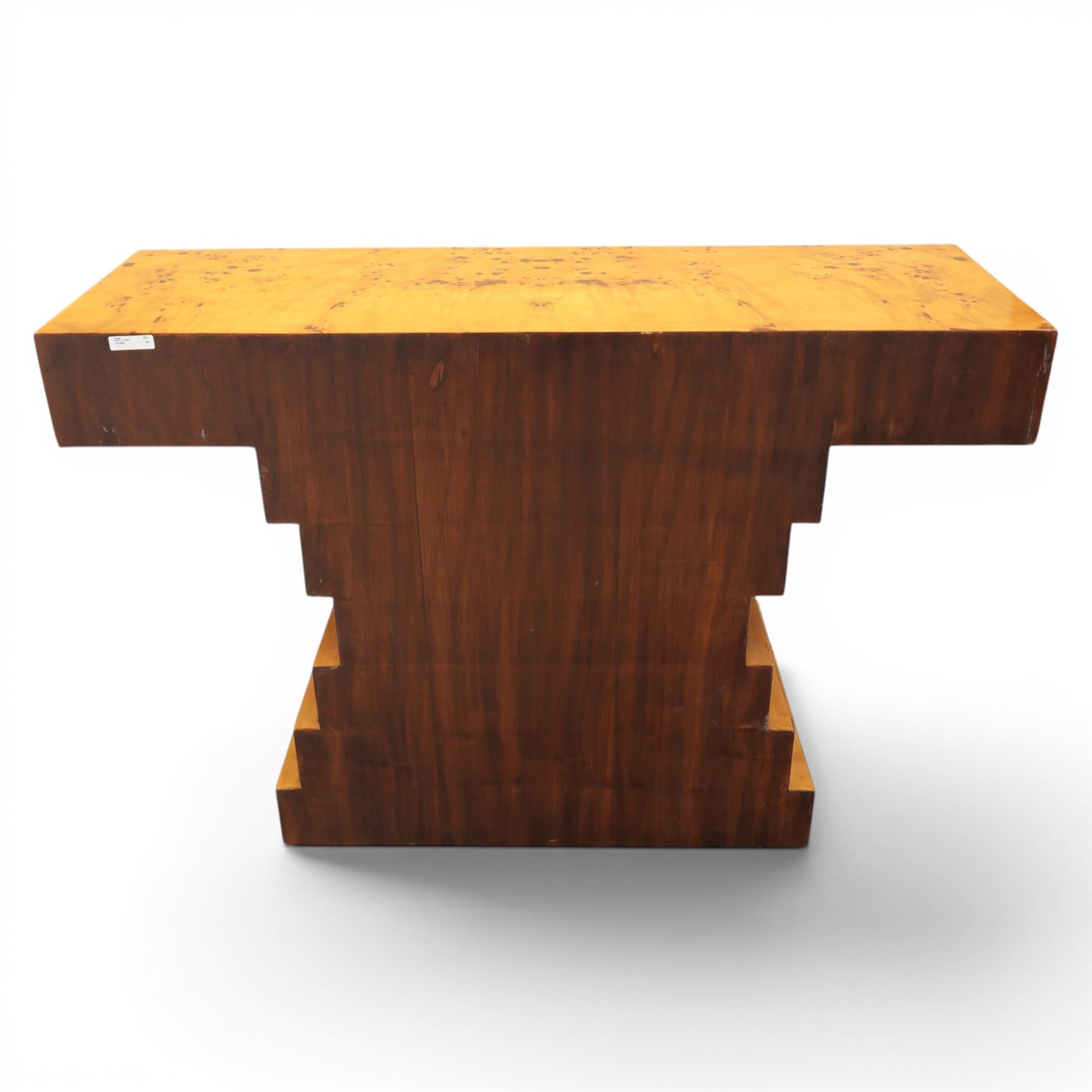 Art Deco style burr walnut console table, rectangular top fitted with a single frieze drawer with chrome pull handles, on stepped pedestal support and plinth base